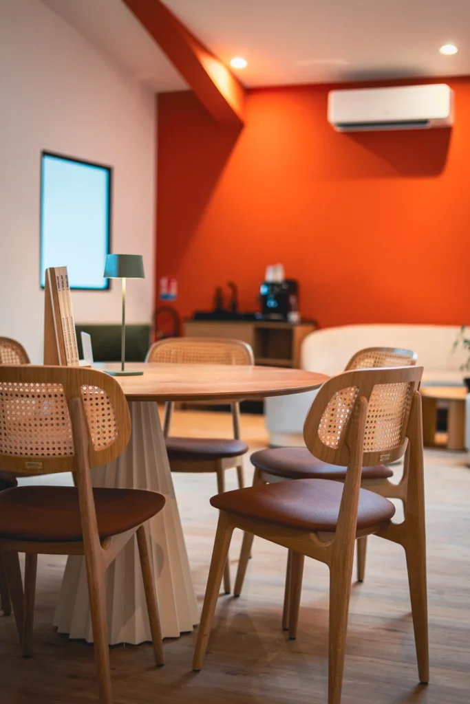 Tavoli e sedie in uno spazio arancione dello showroom CMobilier