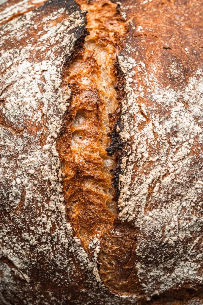La croûte dorée et farinée d’un pain Mamie en gros plan
