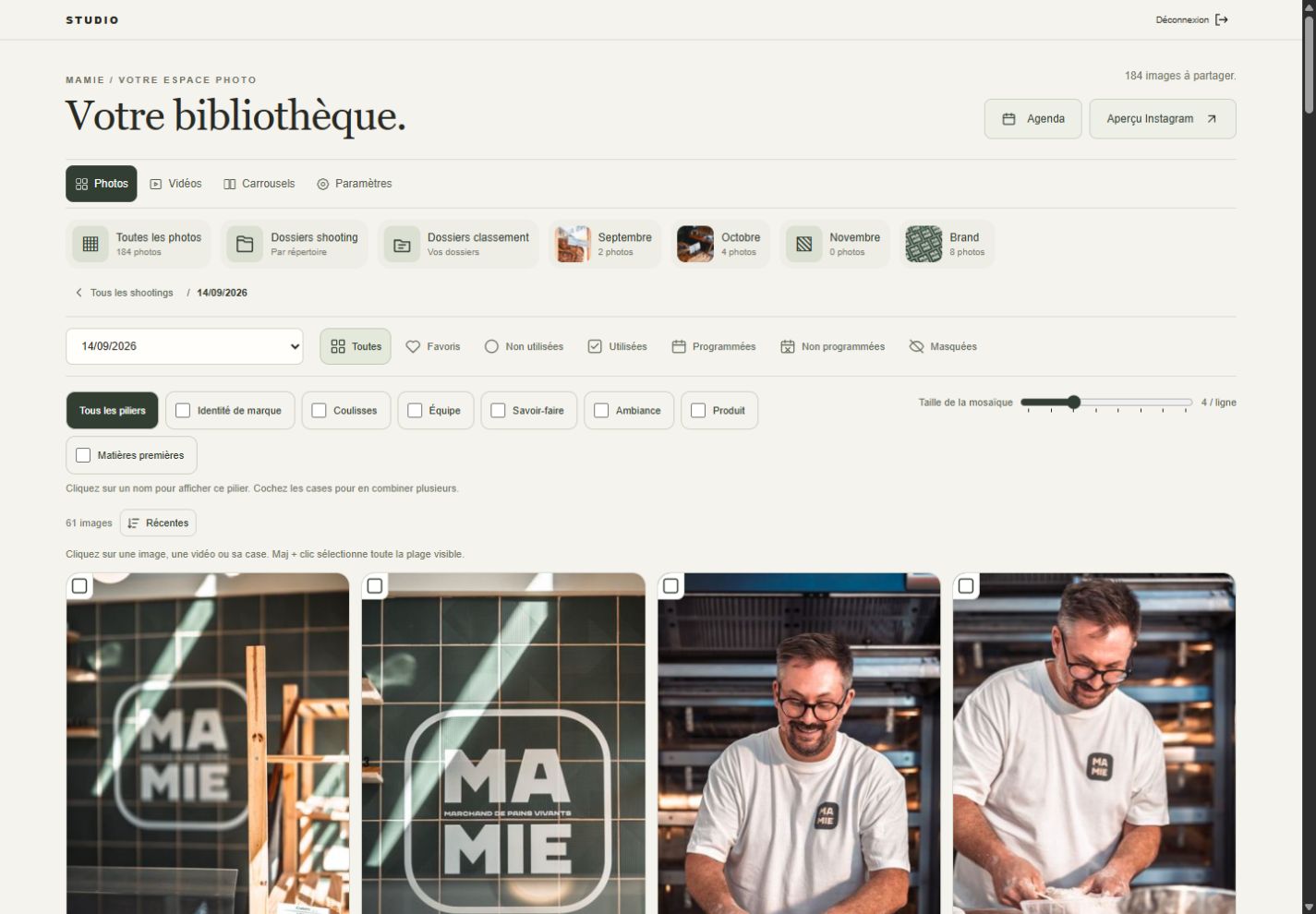Mamie’s client gallery on desktop: photo library and session filters